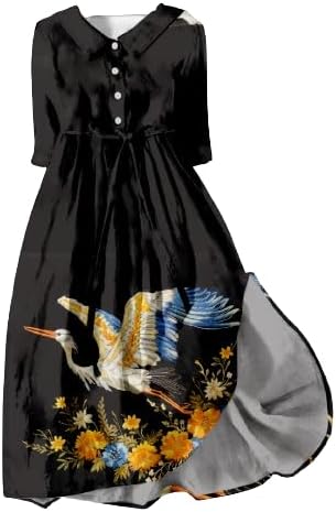 Casual Dresses for Women 2024 Spring Summer Japanese Cranes Plus Size 3/4 Sleeve A-Line Trendy Loose Dresses