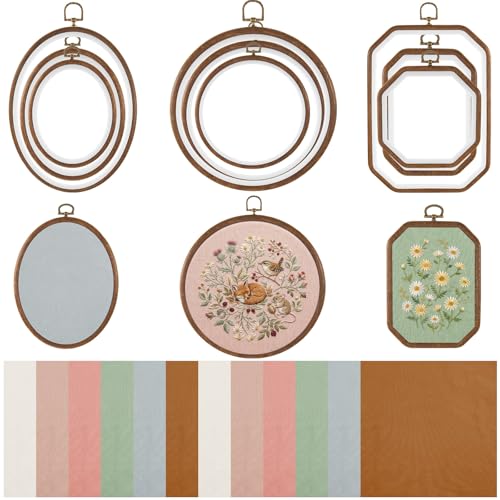 Tudomro 21 Pcs Embroidery Kit Vintage 9 Embroidery Hoop Frame 12 Fabric, Lmitated Decor Embroidered Hoop Circle Oval Octagonal Cross Stitch Hoops for Display Sewing Craft Hanging Ornament(6 Colors)