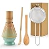 5Pcs Matcha Whisk Set, 100% Natural Bamboo Matcha Whisks Kit, Japanese Matcha Ceremony Accessory, Whisk, Whisk Holder (Green), Sifter, Tea Scoop, Tea Spoon, Gift for Matcha Lovers Beginner