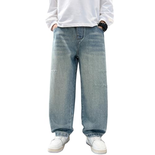 Boys Straight Leg Baggy Jeans Kids Boys Elastic Waist Casual Loose Pull On Denim Pants with Pockets 5-14 Years