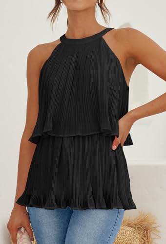 ZESICA Women's Summer Halter Tank Tops Casual Sleeveless Ruffle Tiered Layered Chiffon Flowy Blouse Shirts2