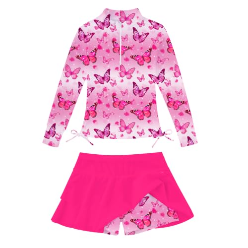 Image of Vogseek 3-12T Girls Swimsuit Long Sleeve Rashguard Bathing Suits Swim Set | Quick Dry, UPF 50+ Sun Protection, Swimming Skirt, Boyshorts, Zipper Two Piece Long Sleeve Swimsuits, Adjustable Drawstring