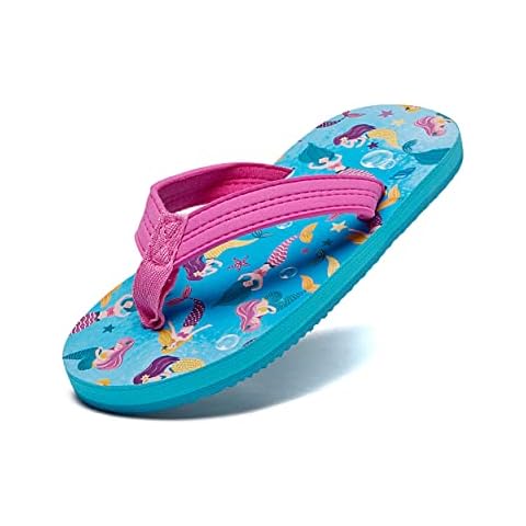 Girls Beach Pool Flip Flops Kids Printed Sandals (Mermaid Blue, 11) Cover