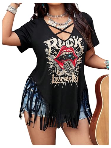 Women's Plus Size Figure Graphic Tees Crisscross V Neck Tassels Fringe Tops Concert Outfits
