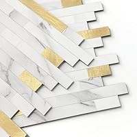 M MOFIT 3d Selbstklebende Fliesen Fliesenaufkleber Wandfliese Küche Mosaikfliesen Steinoptik Bad Wasserdicht(5 Matten,Weiß Gold)