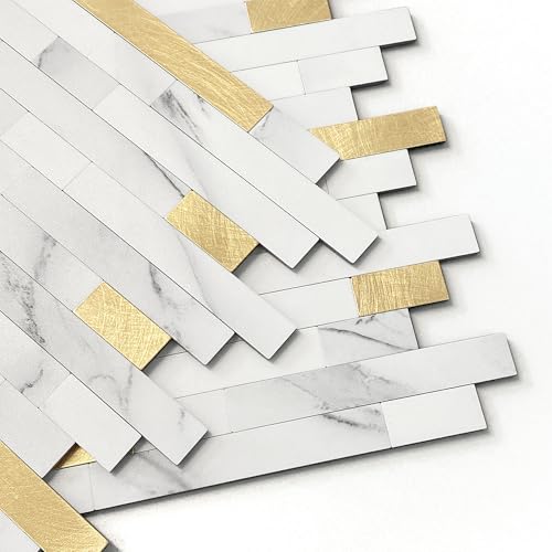 M MOFIT 3d Selbstklebende Fliesen Fliesenaufkleber Wandfliese Küche Mosaikfliesen Steinoptik Bad Wasserdicht(5 Matten,Weiß Gold)
