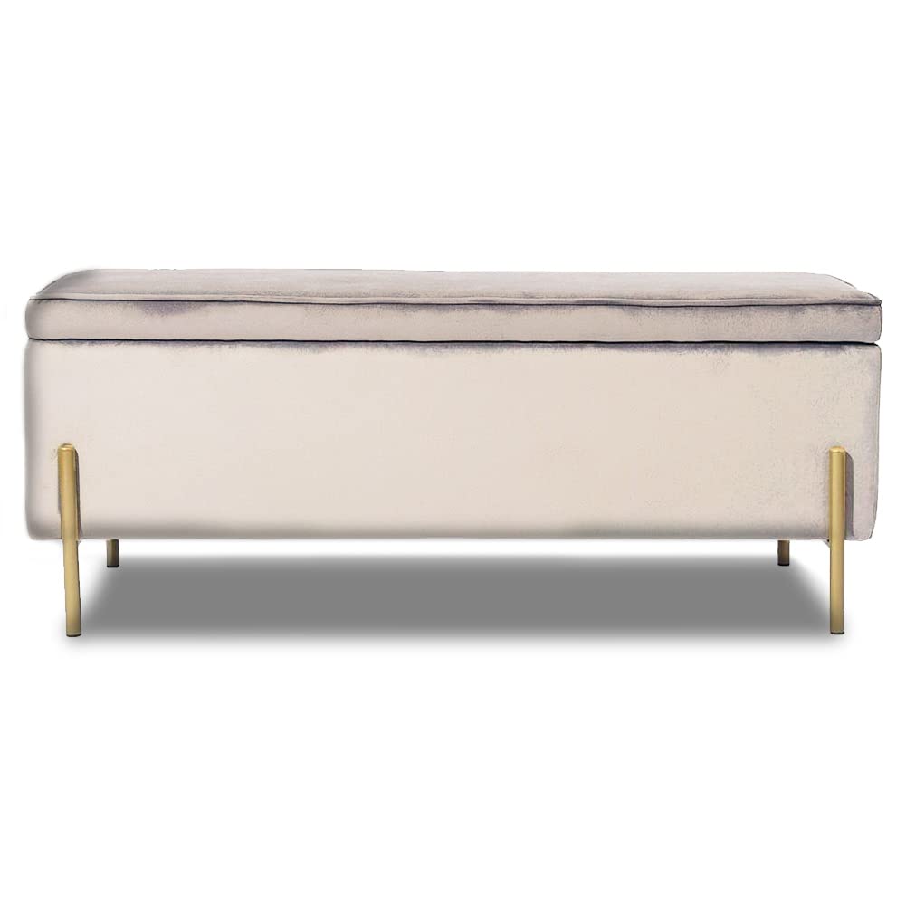 BAKAJI Cassapanca Pouf Contenitore Poggiapiedi Camera da Letto Panca Sgabello Struttura in Legno Rivestimento in Tessuto Velluto Seduta Apribile Imbottita Pidini Dorati (Beige), 105 X 44 X 44 cm