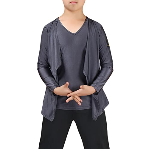 Libaobaoyo Boys Ballroom Dance Shirt V Neck Long Sleeve Pullover Professional Latin Jazz Basic Tops Grey