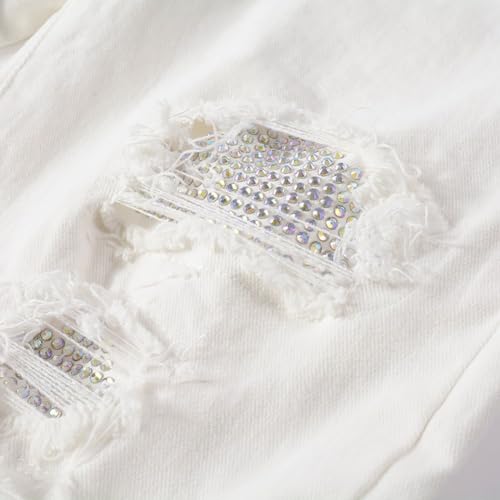 Men's White Stretchy Skinny Slim fit Ripped Distressed Jeans Destroyed Tight Leg Crystals Holes Pants2