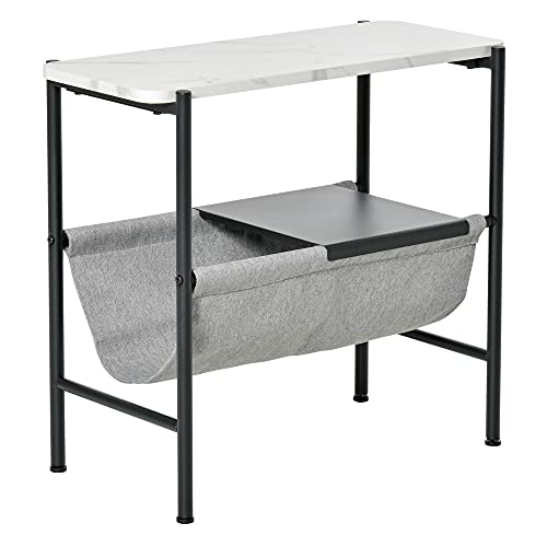 HOMCOM Mesa Auxiliar Moderna con Bolsillo de Lona y Estante Extraíble Mesa de Centro para Salón con Encimera Imitación Mármol 60x28x53 cm Blanco Gris y Negro