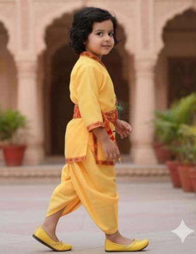 Image of BookMyCostume Cotton Shri Krishna Dress For Baby Boy|Print Krishna Costume For Kids With Patka|Janmashtami Photoshoot Outfit|Kanha Dress For Baby Boy|Fancy Dress Costumes For Kids|6-12 Months