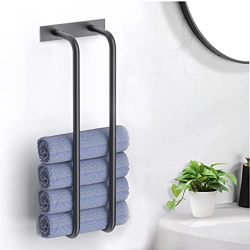 WUIVIUT Adhesive Towel Racks for Bathroom Wall Mounted, Rolled Bath Towel Holder Storage-Stainless Steel, Black Towel Shelf for Bath Towels, Hand Towels