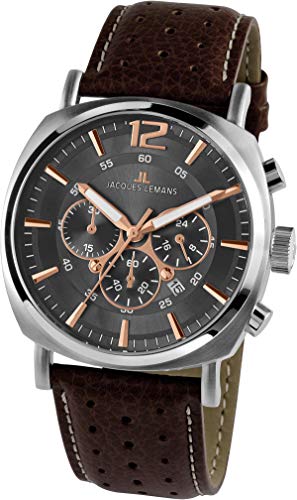 Preisvergleich Produktbild JACQUES LEMANS Herrenuhr Lugano Lederarmband massiv Edelstahl Chronograph 1-1645.1H