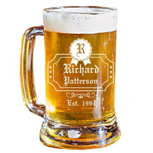 beer mugs personalized - Personalized 16.oz Beer Mug | Badge Design | Clear Glass | Custom Made | Perfect for wedding gifts, anniversaries, birthday gifts, home warming gifts or graduation