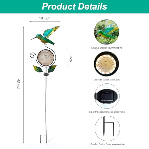 HONGLAND Outdoor Thermometer with Solar & Warm LED Lights, Metal Hummingbird Temperature Stake for Garden, Lawn, Patio, Waterproof Yard Decor by HONGLAND - Used condition - Image 9