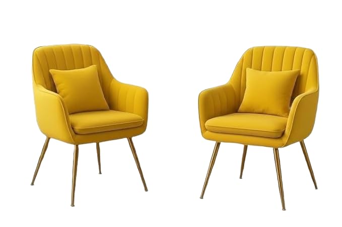 Image of Toxigo Velvet Office and Garden Area Outdoor Chairs | Cushion Seat Chair with Pillows for Modern Contemporary Upholstered with Polished Rosegold Metal Designer Piece | Set of 2 (Yellow)
