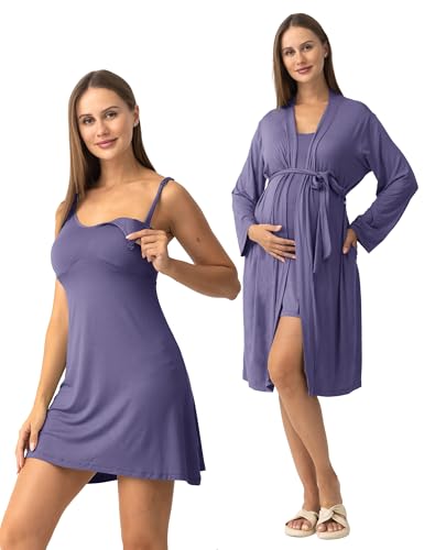 SUNNYBUY Women's Nursing Nightgown Maternity Robe Set, 3 in 1 Labor Delivery Breastfeeding Dress Postpartum Sleepwear, Purple Blue, XX-Large