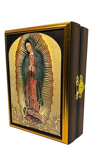 A and K Decorative Box – Wooden Rosary Case and Jewelry Box - Ideal Catholic Gift - 5 x 4 x 2 in. (Virgen de Guadalupe Patrona de México)