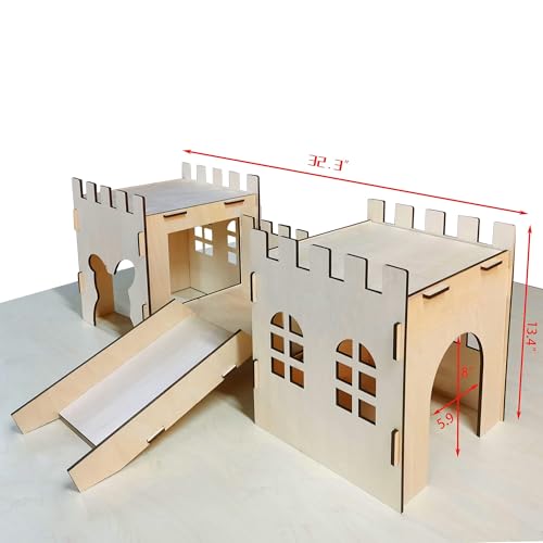 Wooden Rabbit Castle Hideaway Tunnel and Bed Small Animal Hideaway Hut Solid Safe Construction
