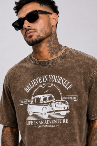 Image of London Hills Men's Oversized t Shirt for Men Graphic T-Shirt | Acid Wash Printed Men T-Shirts | Tshirt for man Round Neck Half Sleeve Pure Cotton Casual Mens tees | Off Shoulder Tshirt Shirts man