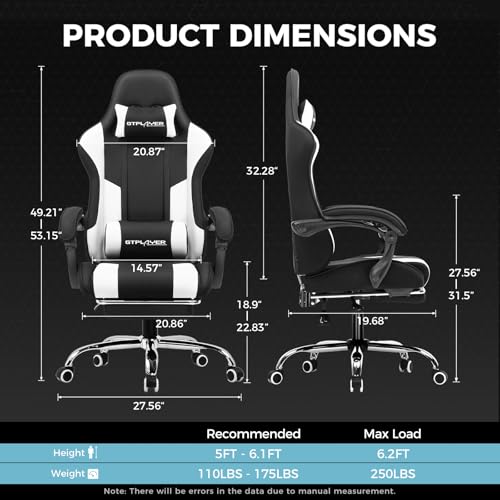 GTPLAYER Gaming Chair, Computer Chair with Footrest and Lumbar Support, Height Adjustable Game Chair with 360°-Swivel Seat and Headrest and for Office or Gaming (Fabric, Black & Light Gray)