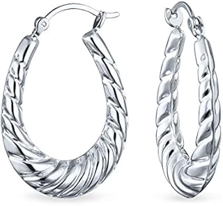 Boho Tribal Lightweight Hollow Puff Ribbed Scalloped Twist Rope Cable Style Oval Tube Hoop Earrings For Women For Teen 925 Sterling Silver Medium Size Hoops