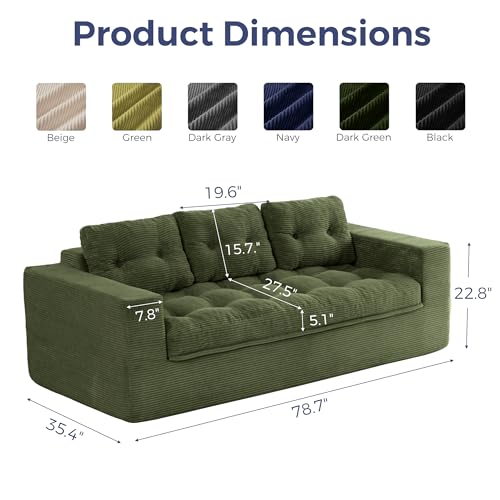 Image of MAXYOYO 79 inch Loveseat Sofa Couch for Small Spaces, Upholstered Boneless Cloud Couch for Apartment Bedroom, 2-Seater Love Seat Floor Modern Sofa with Pillows, No Assembly Required, Dark Green