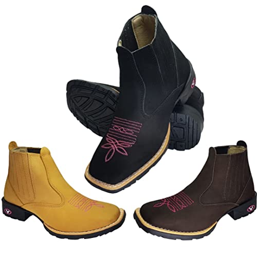 Bota Botina Texana Country Modativa Feminino e Masculino Couro Legítimo Cano Médio (36, Preto c/Rosa