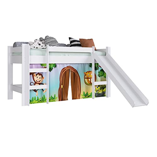 Cama Elevada com Escorregador Cortina Estampada Zoo Branco Lilies Móveis