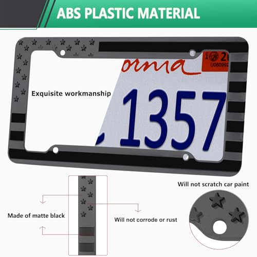 Image of Black American Flag License Plate Frame - 2 Pack Patriotic Car Tag Frames | Front & Rear, USA Holder, 4 Hole, 3D Embossed Stars & Stripes, Includes Mounting Hardware