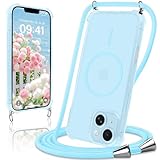 Niokfrci Magnética Funda para iPhone 14/iPhone 13 con Cuerda, Compatible con MagSafe, Carcasa Caparazón TPU Silicone Antigolpes Case con Ajustable Collar Cuello Cadena Cordón para iPhone 14/13, Azul