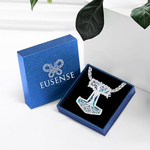 Eusense Viking Jewelry for Men Women Sterling Silver 925 Mjolnir Thors Hammer Pendant Celtic Cross Necklace Wolf Odin Raven Freya Goddess Norse Pagan Compass Vegvisir Yggdrasil Nordic Viking Necklaces Gifts4