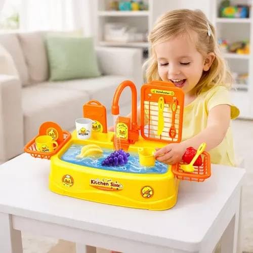 Image of SHAKTSIM Kids Play House Kitchen Sink Toy Set | Electric Circulating Water System | 20 PCS Pretend Play Washing Sink with Fruits, Vegetables & Utensils | Educational Role Play Toy for Boys & Girls