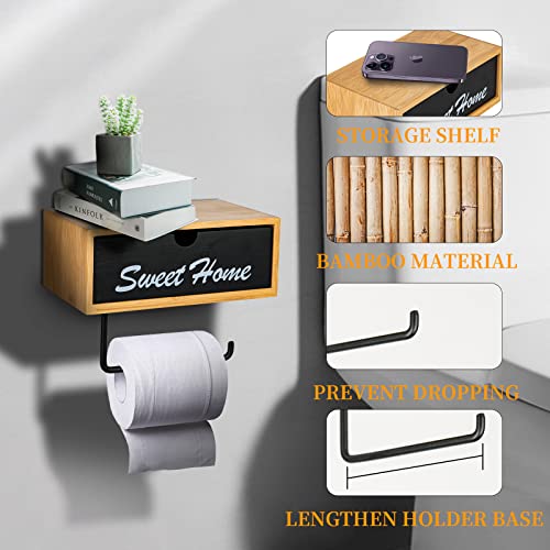 Bamboo Toilet Paper Holder With Storage And Shelf, Wooden Tissue Holder Wall Mounted, Toilet Paper Roll Holder For Bathroom Washroom Kitchen Home (With 2 Hooks) #TOP1