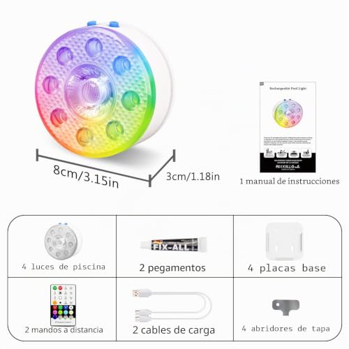 Miniatura 7 de Idyl Light Lote De 4 Lámparas Sumergibles Recargables Para Piscina Con Mando A Distancia, Impermeables, Carga Submarina, Control De Pilas Con Cambio De Color, Luces Flotantes Magnéticas Para