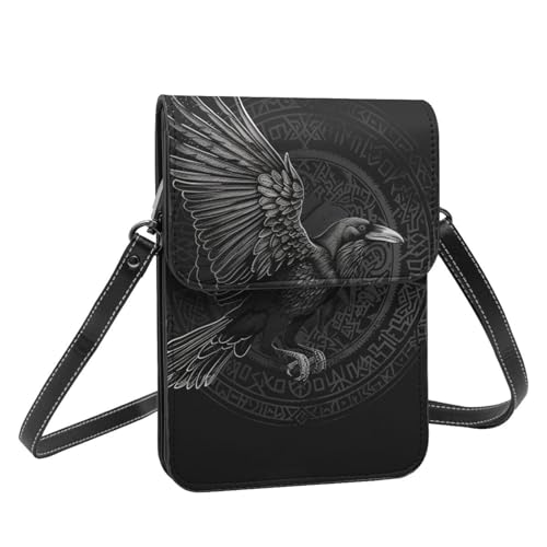 Crow raven celtic viking design gothic black crossbody cell phone purse for womens lightweight small soft leather fashion travel wallet with adjustable strap