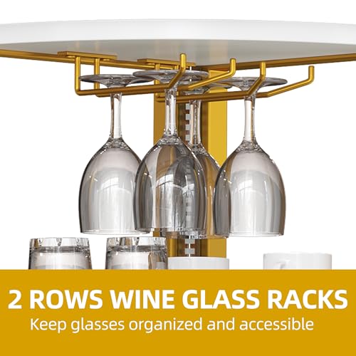 DWVO Corner Shelf with Power Outlets & LED Lights & Glass Holder, 5 Tier Corner Bar Rack, Vintage Wine Rack Display Shelves for Living Room, Dining Room, Kitchen, Gold