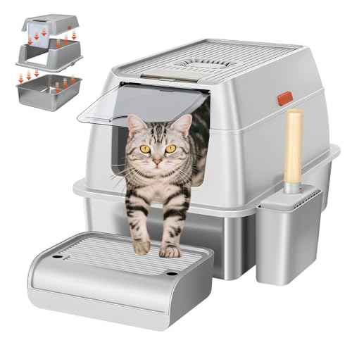 Edelstahl-Katzenklo mit Deckel, geschlossenes, abnehmbares Katzenklo aus Metall, leicht zu reinigen, mit Schaufel und Pe...