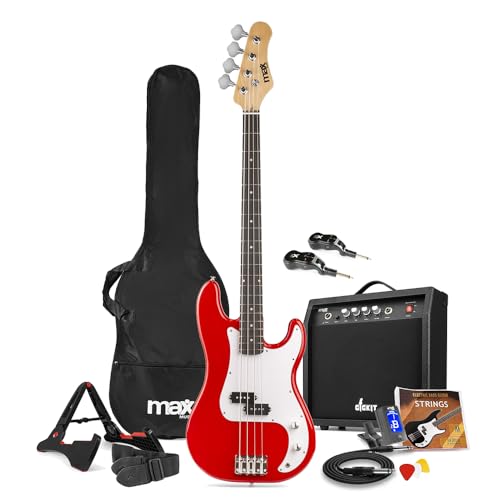 Max GigKit Wireless Beginner Bass Guitar Set - Electric Starter Bass Pack with 40W Amplifier, Wireless System, Accessories & Online Lessons - Red Finish option