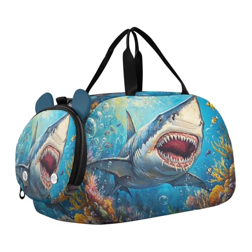 Shark Bubble Marine Blue Kids Travel Duffel Bag for Boys Girls Overnight Weekend Tote Bag with Shoes Compartment for Gym Sports Dance