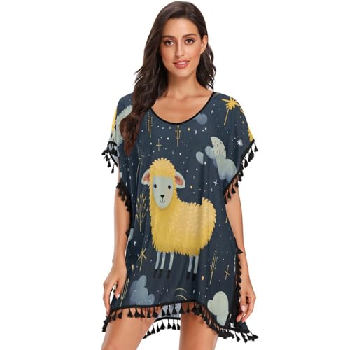 KAAVIYO Cute Stars Sheep Galaxy Women's Beach Cover Up Chiffon Tassel Swimwear Swimsuit Coverups for Girl