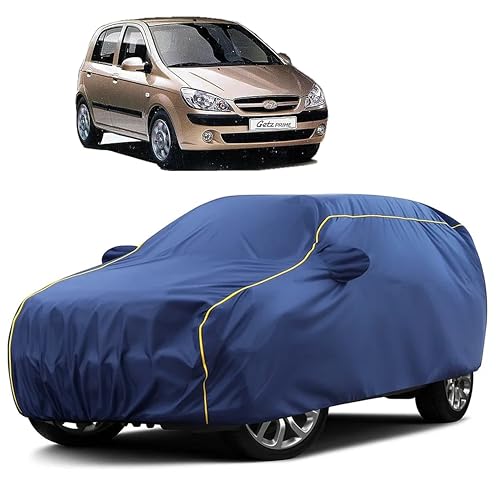 Image of Sulfar 100% Water Resistant Car Body Cover Compatible with Mirror for Hyundai Getz Prime (Triple Stitched, Full Bottom Elastic, Blue Taffeta with Yellow Piping)