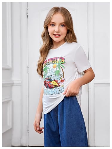 Image of RoseSeek Girl's Graphic Drop Shoulder Star Print Tee Tops Short Sleeve Crew Neck Summer Shirts