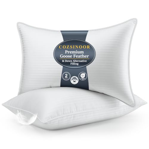 Image of COZSINOOR Goose Down Feather Pillows Queen Size Set of 2 - Hotel Down Bed Pillow for Sleeping, Soft 600 TC Cotton Cover, Fluffy Support Surround Fill Down Alternative for Back, Stomach, Side Sleepers