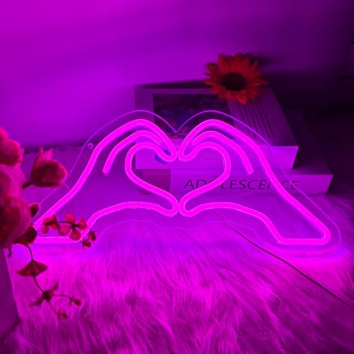 Image of Heart Hands Neon Sign for Wall Decor, Pink Love Hand Neon Light with Dimmer and USB, Gift for Girls Led Light Up Sign for Bar, Hotel, Cafe, VIP Room, Home Decoration