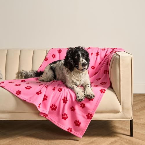 OHS Dog Blankets Washable Pet Paw Print Super Soft Fluffy Polar Fleece Blanket for Puppy Dogs Cats Bed Sofa Cover Throw Protector Pet Blanket for Dogs, Pink/Red - 120 x 150cm