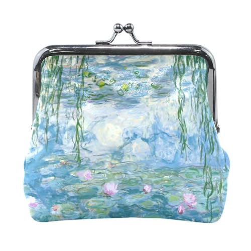 WIHVE PU Leather Coin Purse Monet Water Lilies Willow Floral Wallet Bag with Kiss Lock