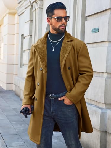 Image of Runcati Mens Trench Coat Double Breasted Notched Collar Fleece Jacket Slim Fit Fall Winter Fuzzy Pea Coats Warm Overcoat