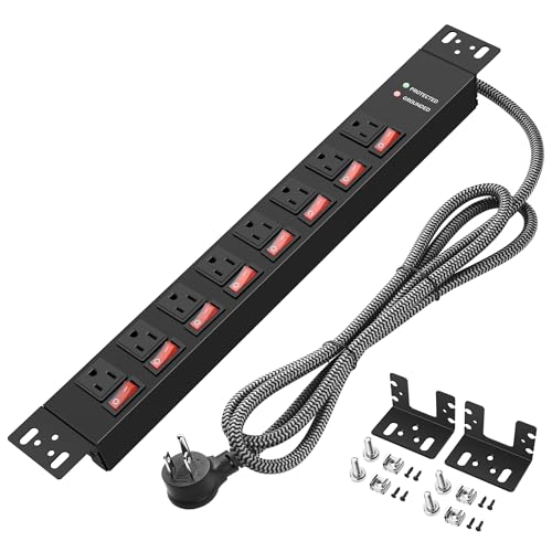Rack Mount Power Strips,8 Outlet Strips with Individual Switches, PDU Power Strip for Server Racks, 14AWG Heavy-Duty Braided Extension Cord,15A 125V 1875W (10 FT Cable)