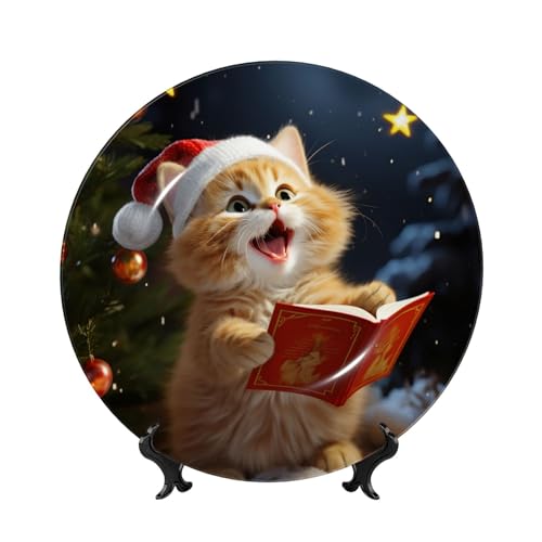 Assiette décorative chat de Noël en céramique pour mur du salon